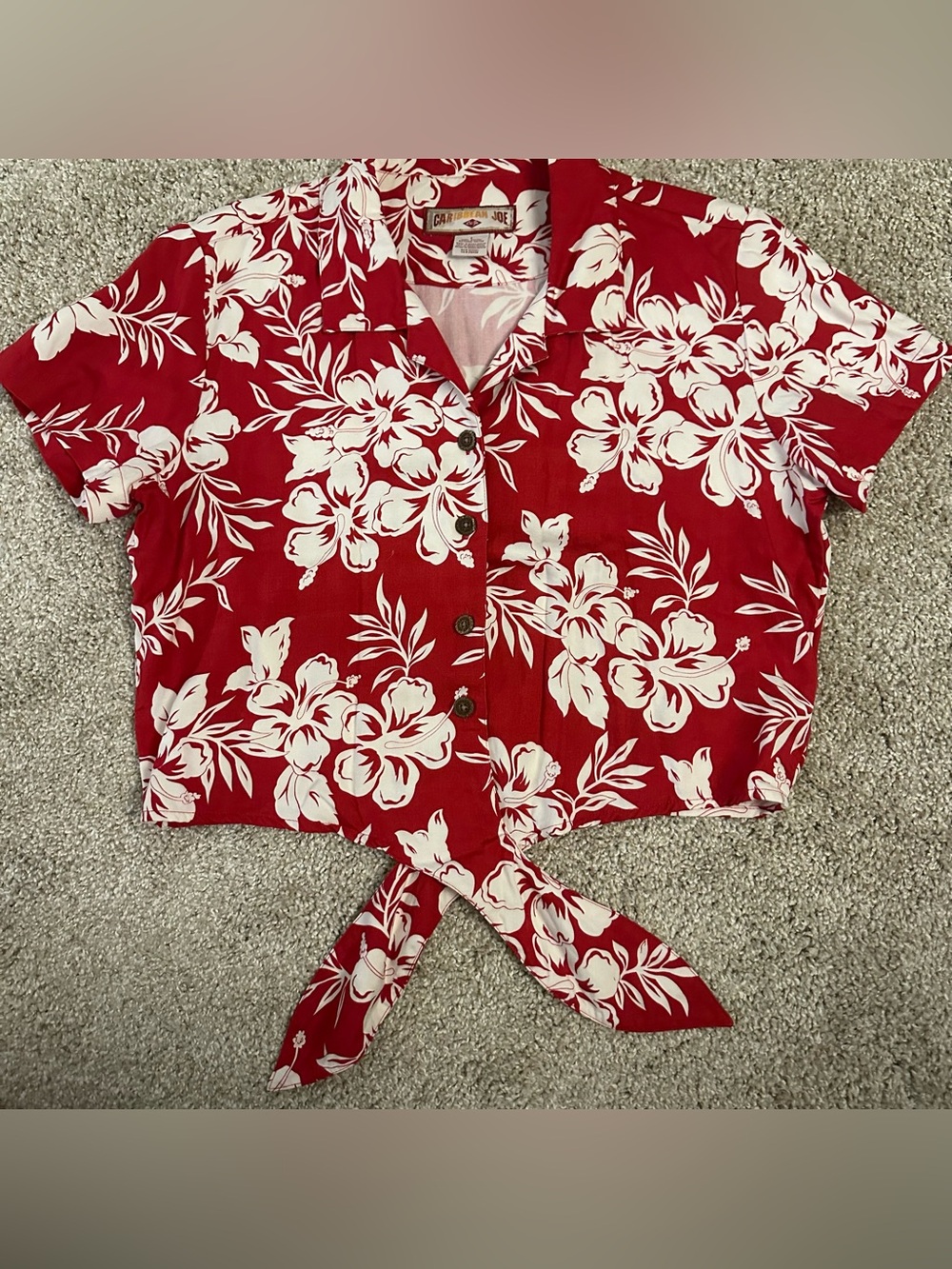 Vintage Y2K Caribbean Joe Red Hibiscus Tropical Crop Tie Front Shirt Large A91